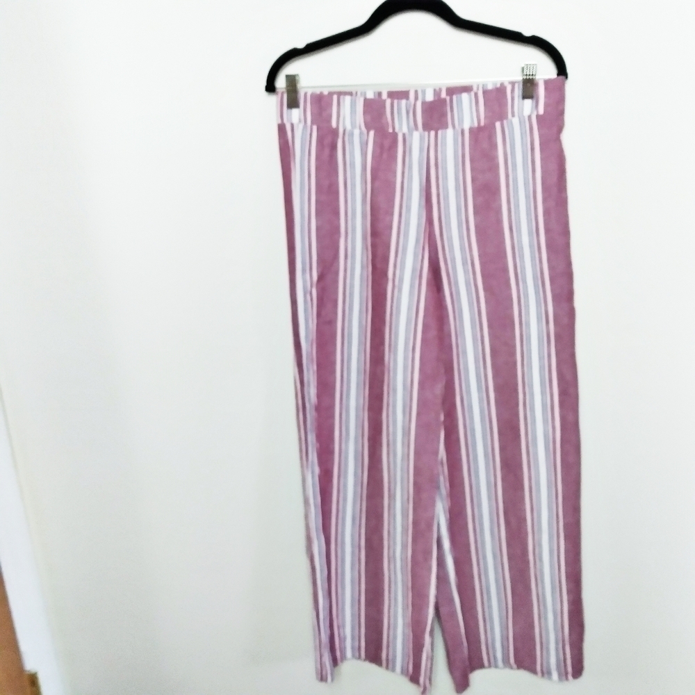 Pink Rose Red and White Striped Linen Blend Wide Leg Elastic Waist Pants